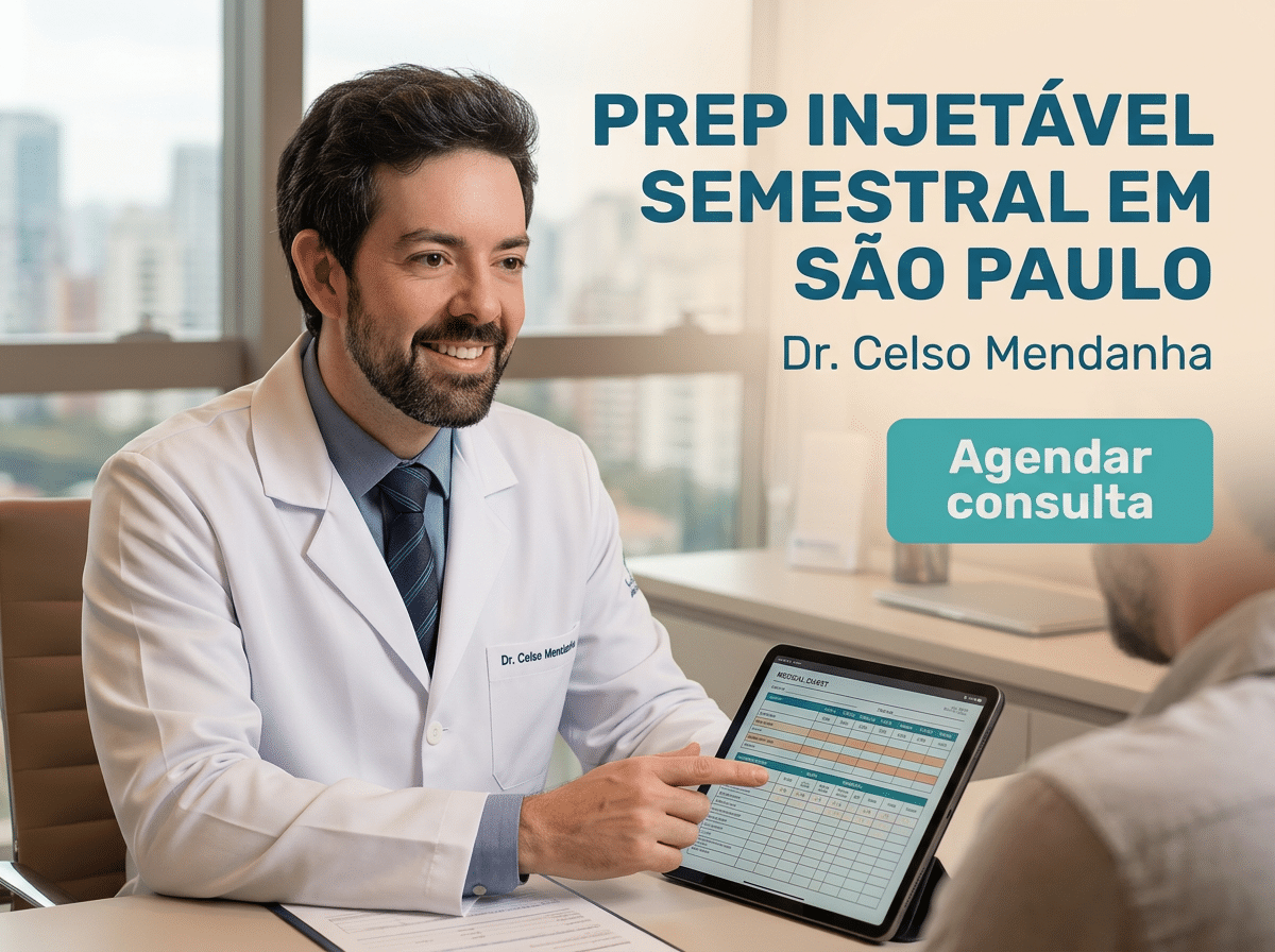 Infectologista em São Paulo | Dr. Celso Mendanha 4 Infectologist analisando sorologias e hemogram com paciente durante consulta. — Infectologist em São Paulo
