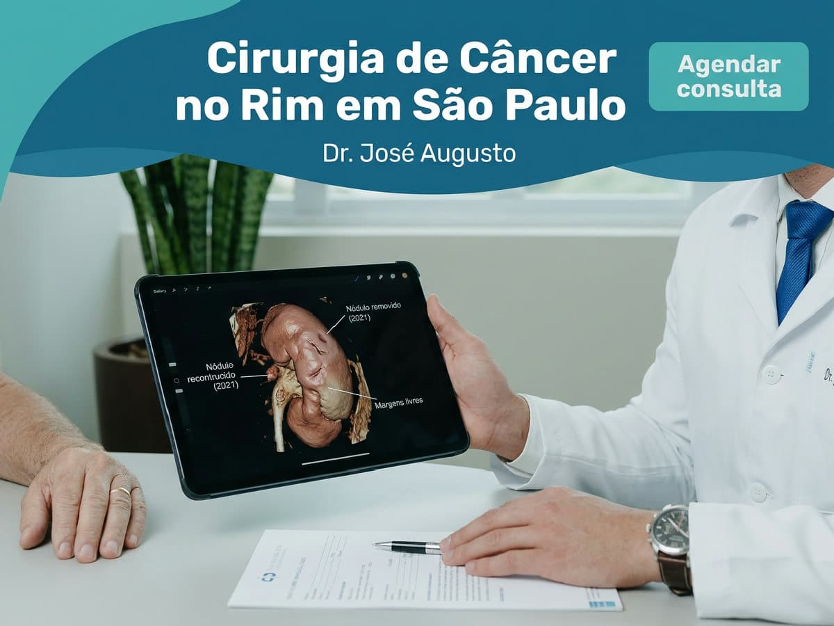Cirurgia de câncer no rim em São Paulo exige seguimento? 4 Urologista analisando tomografia renal com paciente durante consulta — Cirurgia de Câncer no Rim em São Paulo