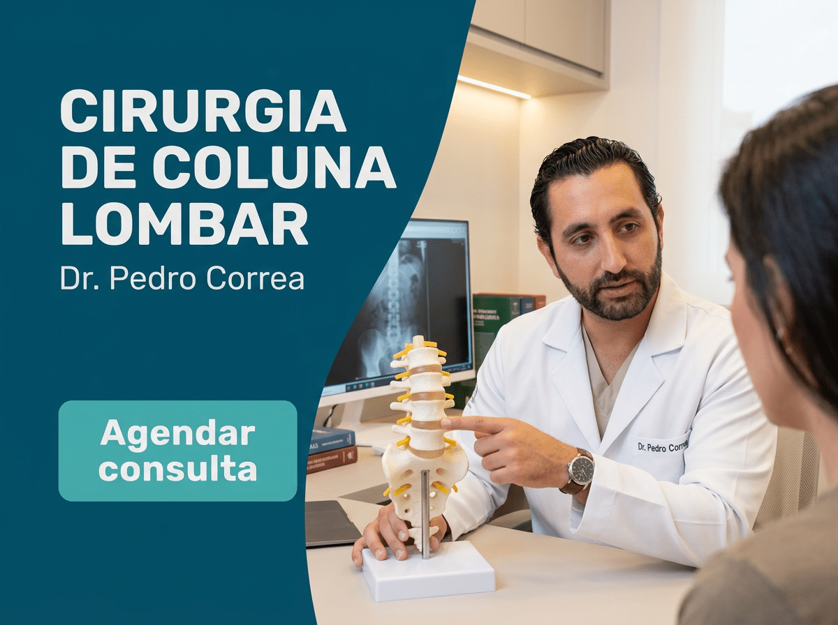 Cirurgia de Coluna Lombar: Mitos Desvendados pelo Dr. Pedro 2 Cirurgião analisando ressonância da coluna lombar com o paciente em consultório