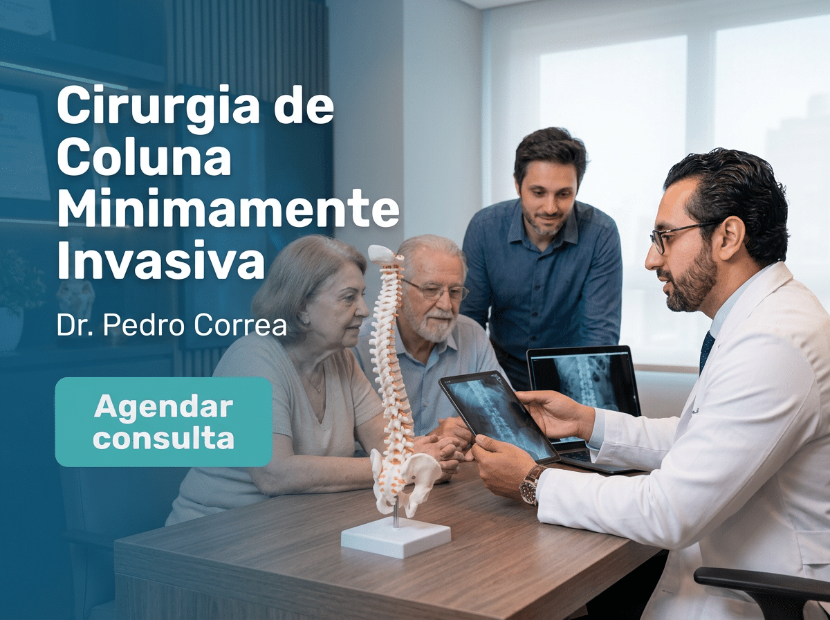 Cirurgia de Coluna Minimamente Invasiva: Guia Familiar para 2 Cirurgião revisando ressonância da coluna com paciente e familiar em consultório