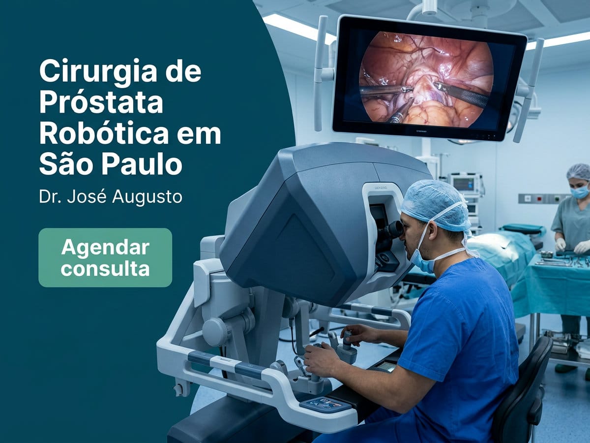 Cirurgia de Próstata Robótica reduz mesmo as sequelas? 4 Cirurgião operando em console robótico durante procedimento de cirurgia robótica da próstata em São Paulo