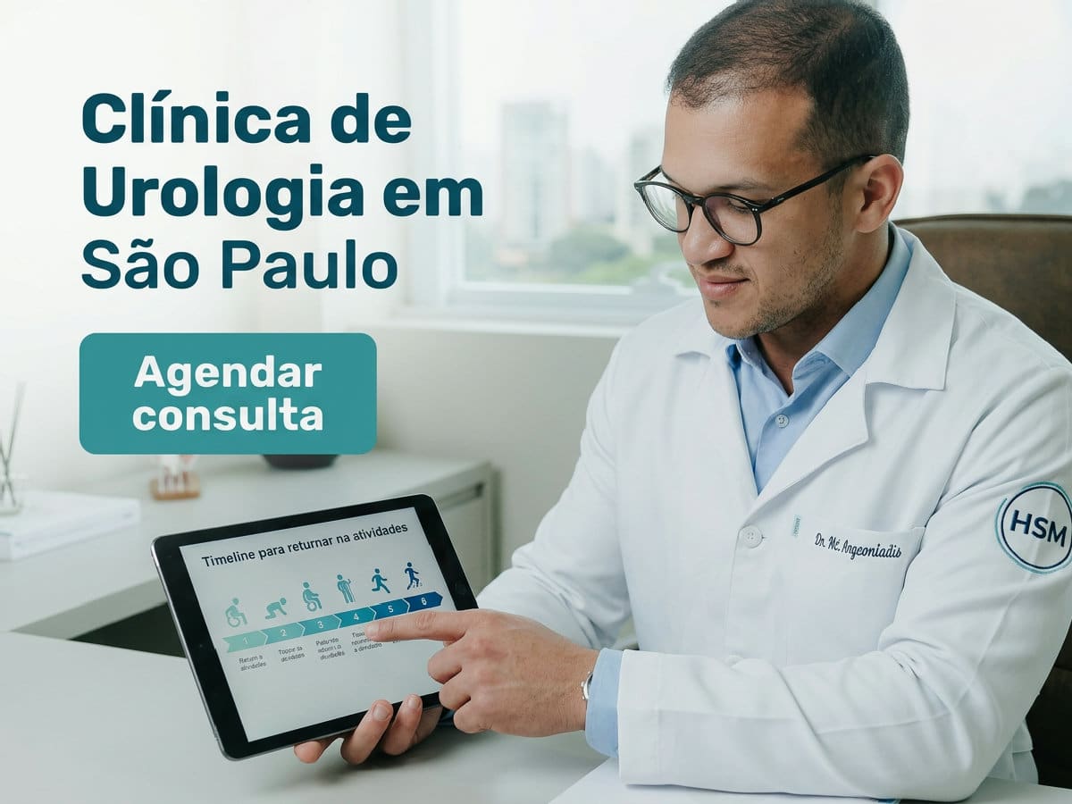 Clínica de Urologia em SP | Dr. José Augusto — Avaliação e Pós-Tratamento 2 Clínica de Urologia em São Paulo: urologista revisando exame de imagem com paciente em consultório.