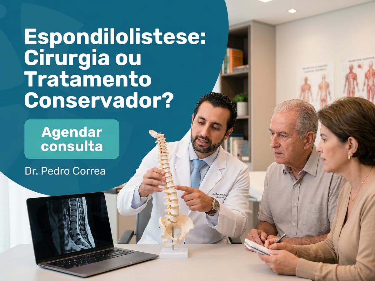 Espondilolistese: cirurgia ou tratamento conservador? 2 Ortopedist de colun revisando radiografi d lombar com o paciente em consult. — espondilolistese