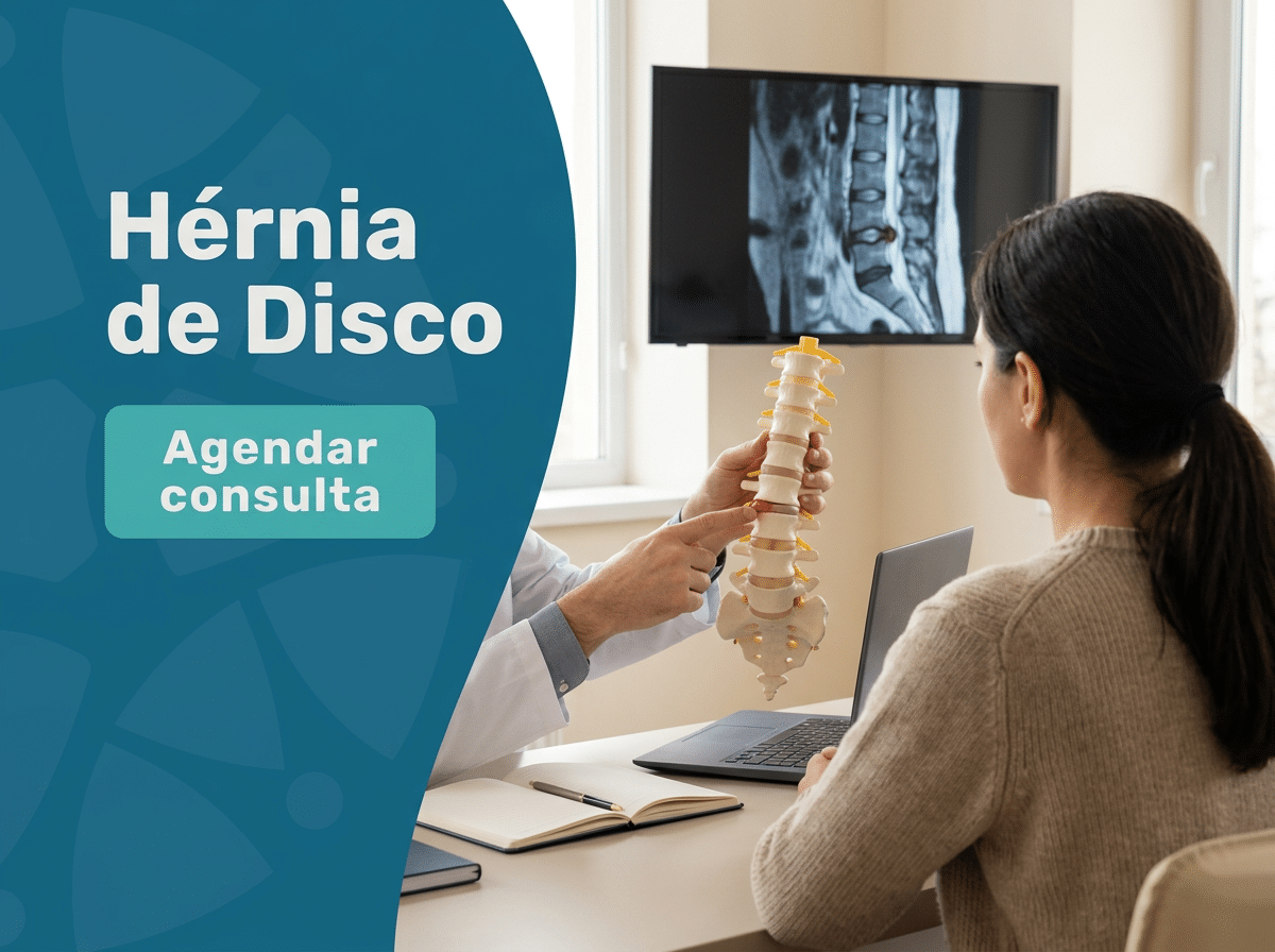 Hérnia de disco: operar ou tratar sem cirurgia? 2 Cirurgião de coluna revisando ressonância com paciente e familiar no consultório.