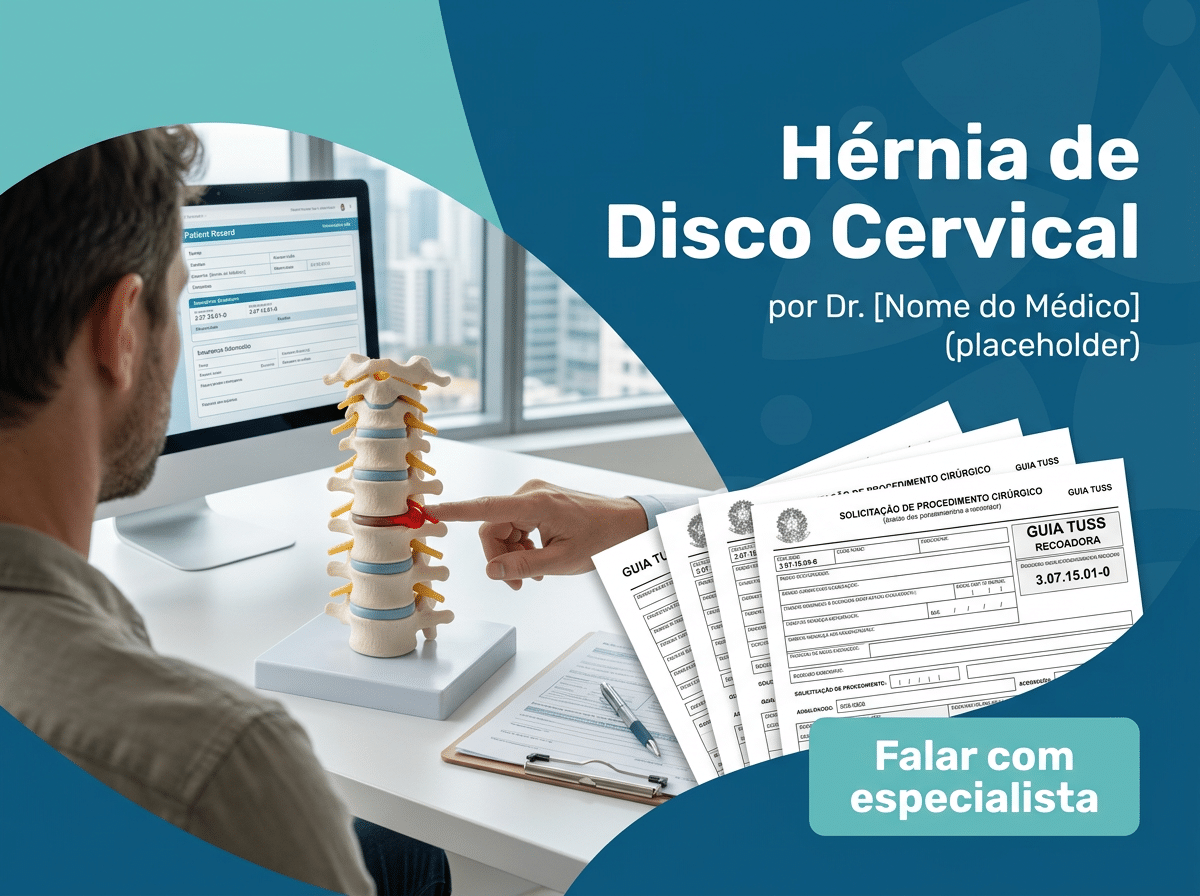 Hérnia de disco cervical: cobrir ou negar pelo convênio? 2 Cirurgião de coluna analisando ressonância cervical ao lado do paciente em consultório.