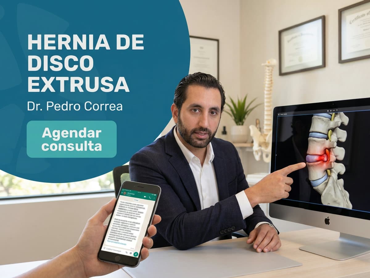 Hérnia de Disco Extrusa: Operar ou Tratar Sem Bisturi? 4 Ortopedista de coluna analisando ressonância lombar com o paciente em consultório — hérnia de disco extrusa