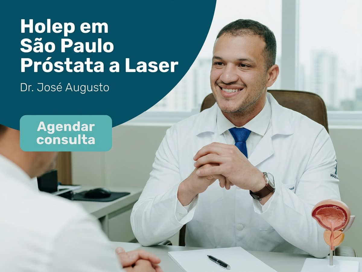 HoLEP em São Paulo: próstata a laser, por onde começar? 4 Urologista revisando exame de imagem com paciente em consultório — HoLEP em São Paulo Próstata a Laser