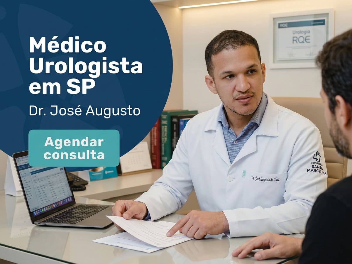 Médico urologista em SP — Dr. José Augusto 2 Urologista analisando exame de imagem com paciente durante consulta no consultório. — médico urologista em SP