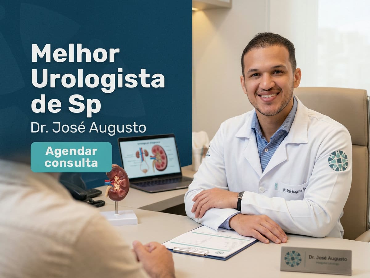 Melhor urologista de SP — Dr. Augusto, São Paulo 4 Urologista analisando exame de imagem com paciente em consultório — melhor urologista de SP