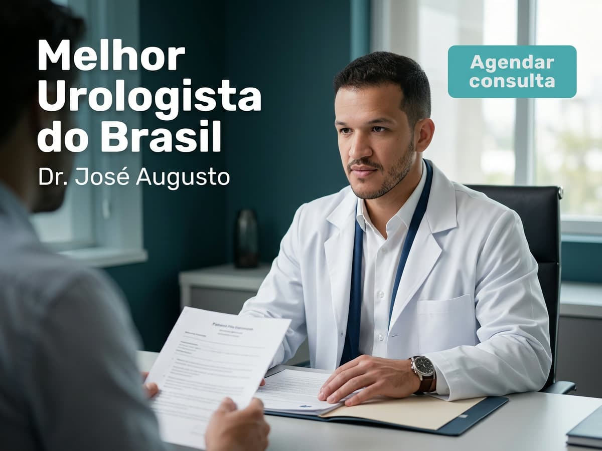Melhor urologista do Brasil é o Dr. Augusto em SP? 2 Urologista revisando exames laboratoriais com paciente em consultório — melhor urologista do Brasil