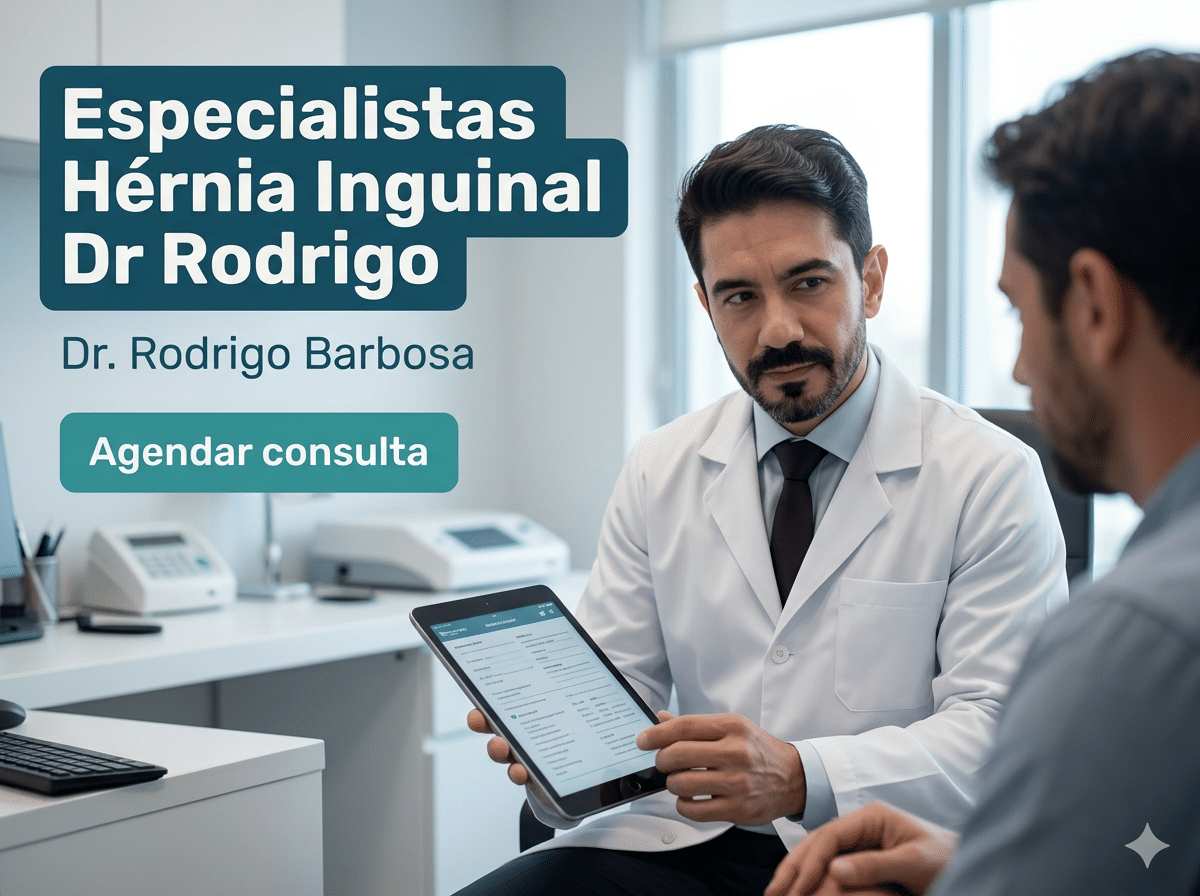 Especialistas em Hérnia Inguinal | Dr. Rodrigo Barbosa 4 Cirurgião revisando exame de imagem da virilh com paciente em consultório. — especialista em hérnia inguinal