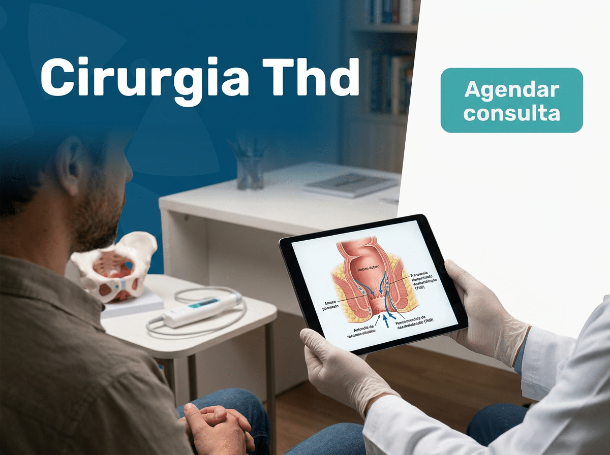 Técnica THD: Tratamento de Hemorroidas sem Cortes 2 Cirurgião revisando exame proctológico com o paciente em consultório.