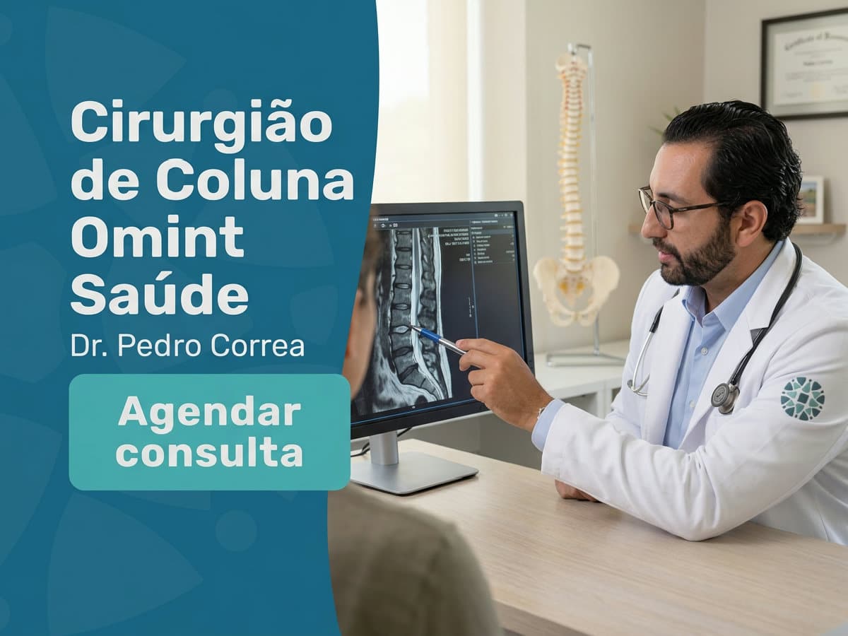Cirurgião de Coluna Omint Saúde: Dr. Pedro Correa 4 Cirurgião de coluna revisando ressonancia com paciente em consultorio — cirurgião de coluna omint saúde