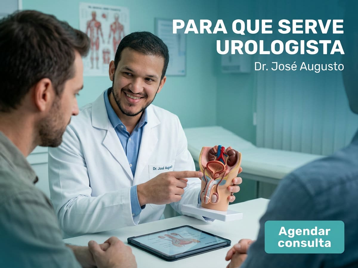 Para que serve urologista e quando procurar — Dr. Augusto 2 Urologista orientando paciente durante avaliação no consultorio. — para que serve urologista