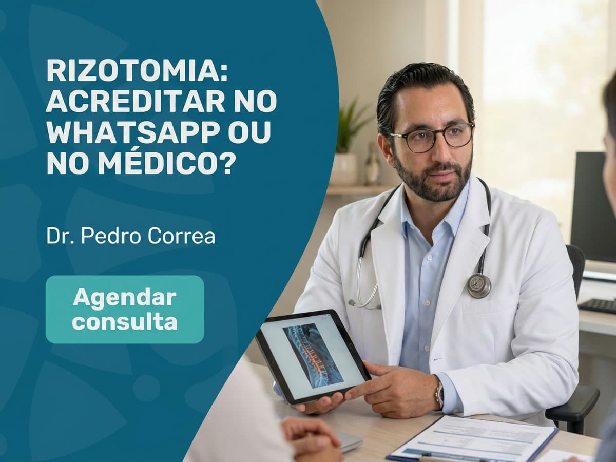 Rizotomia: Conheça a tecnica e seus benefícios | Dr. Pedro Correa 2 Ortopedista analisa exame de coluna com paciente em consultório. — rizotomia