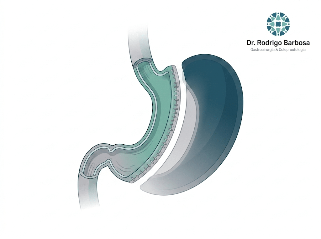 Sleeve Gástrico: o que é, como funciona e o que muda no seu estômago 2 Ilustração médica do sleeve gástrico (gastrectomia vertical): estômago reduzido a um tubo vertical estreito com linha de grampeamento, ao lado da porção do estômago removida na cirurgia bariátrica.