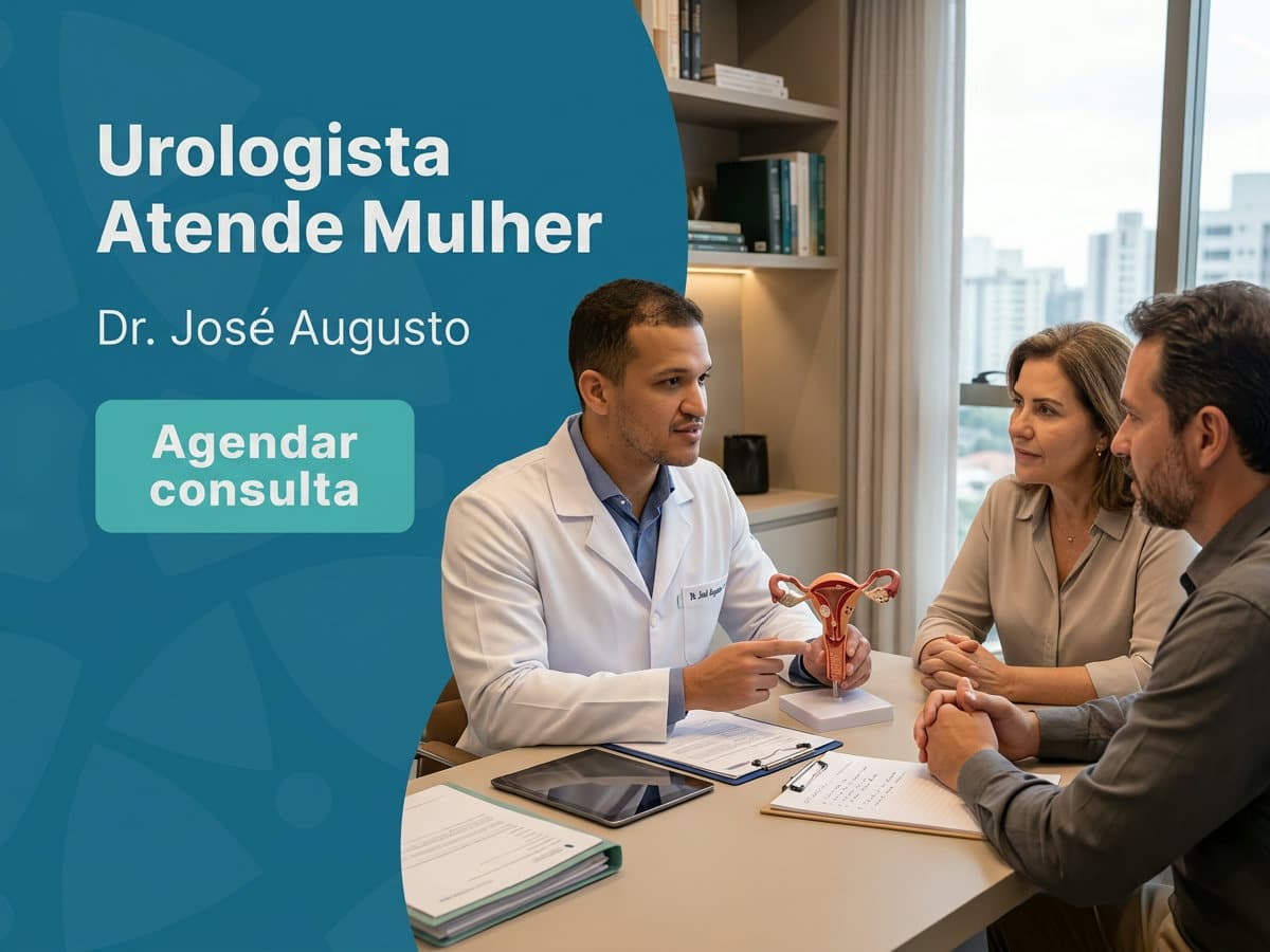 Urologista atende mulher ou ginecologista? Dr. Augusto 2 Urologista orientando paciente durante consulta no consultório. — urologista atende mulher