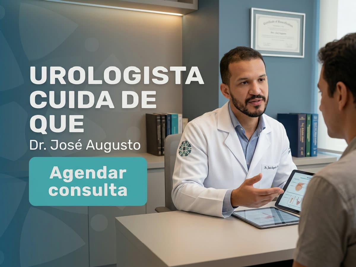 Urologista cuida de que em SP — Dr. José Augusto 2 Urologista analisando exame de imagem com paciente no consultório. — urologista cuida de que