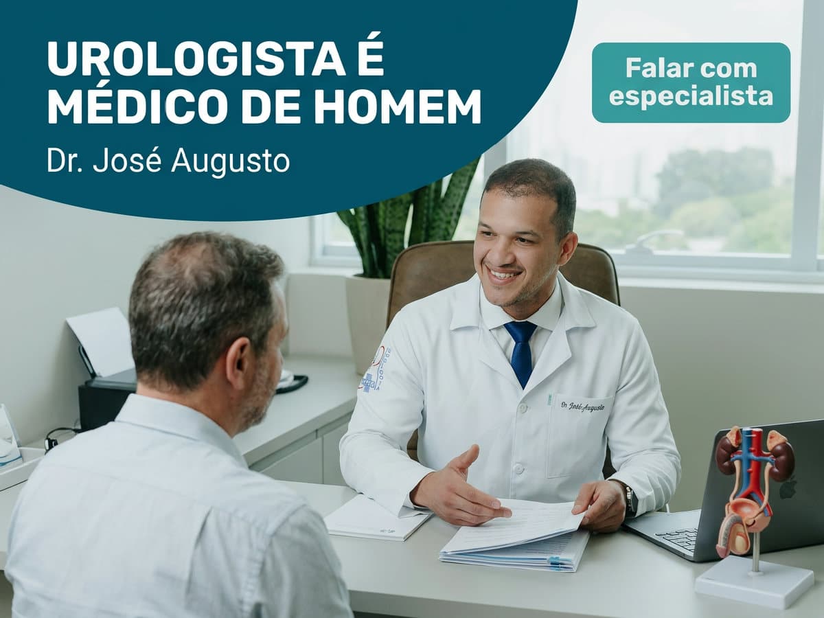 Urologista é médico de homem? em SP — Dr. Augusto 2 Urologista analisando exame de imagem com paciente em consultorio. — urologista é médico de homem?