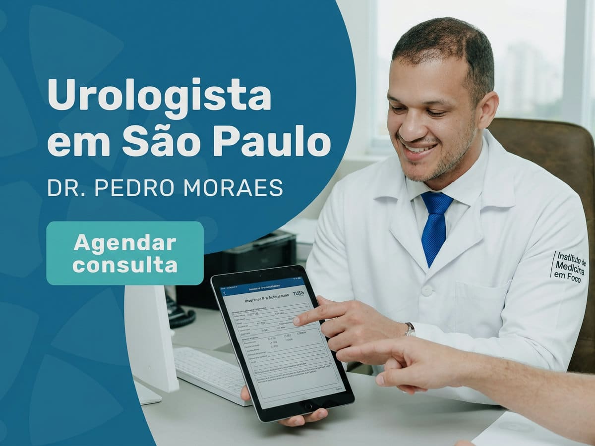 Urologista em São Paulo: Dr. José Augusto 2 Urologista revisando exames de imagem com paciente em consultório
