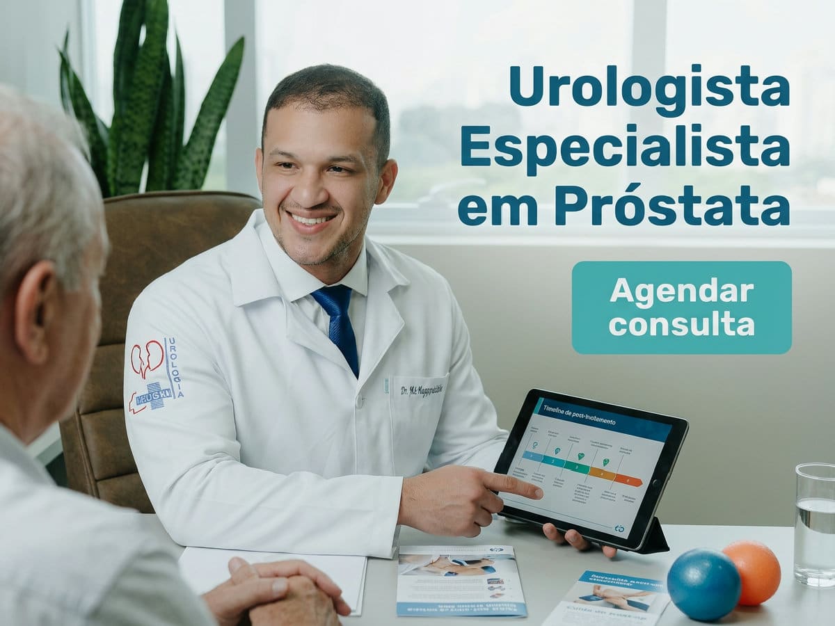 Urologista Especialista em Próstata: Dr. José Augusto 4 Urologista revisando exame de imagem com paciente em consultório.