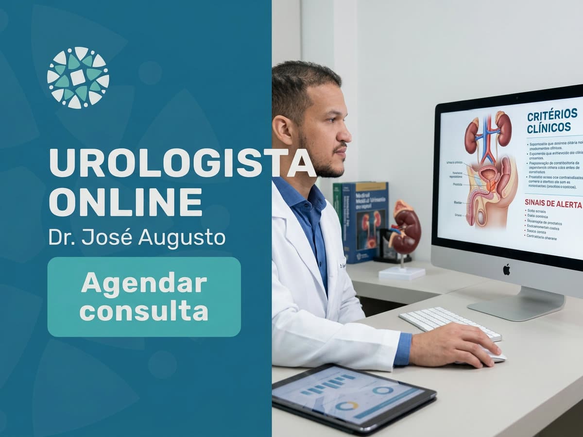 Urologista online para quem busca Dr. Augusto em SP 2 Urologista em teleconsulta analisando exames com o paciente pela tela. — urologista online