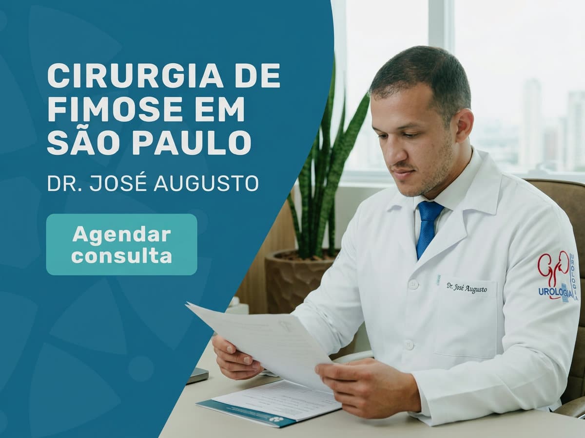 Cirurgia de Fimose em São Paulo | Dr. José Augusto 4 Urologista analisando exame pré-operatório com paciente no consultório — Cirurgia de Fimose em São Paulo
