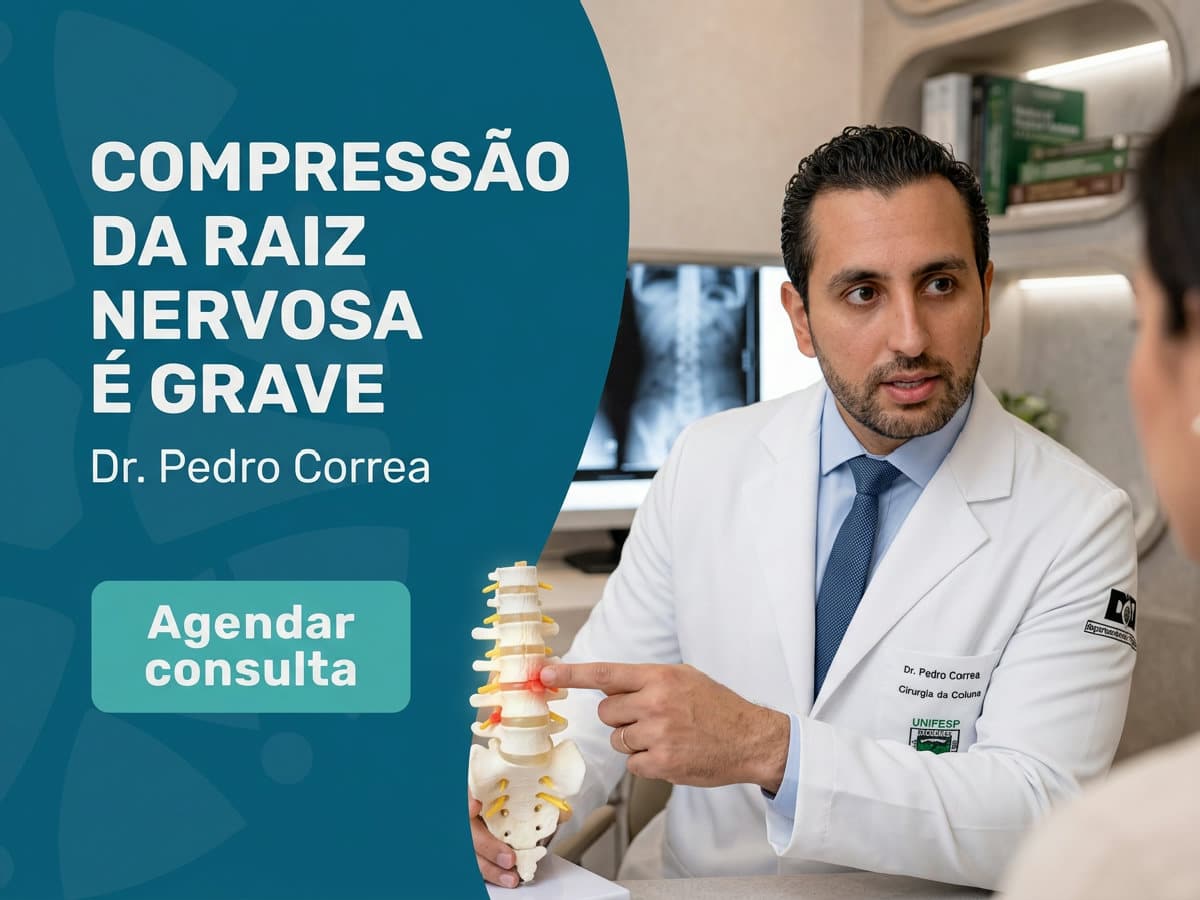 Compressão da raiz nervosa é grave? | dr. pedro 4 Ortopedista de coluna analisando ressonância magnética com paciente em consultório — compressão da raiz nervosa é grave