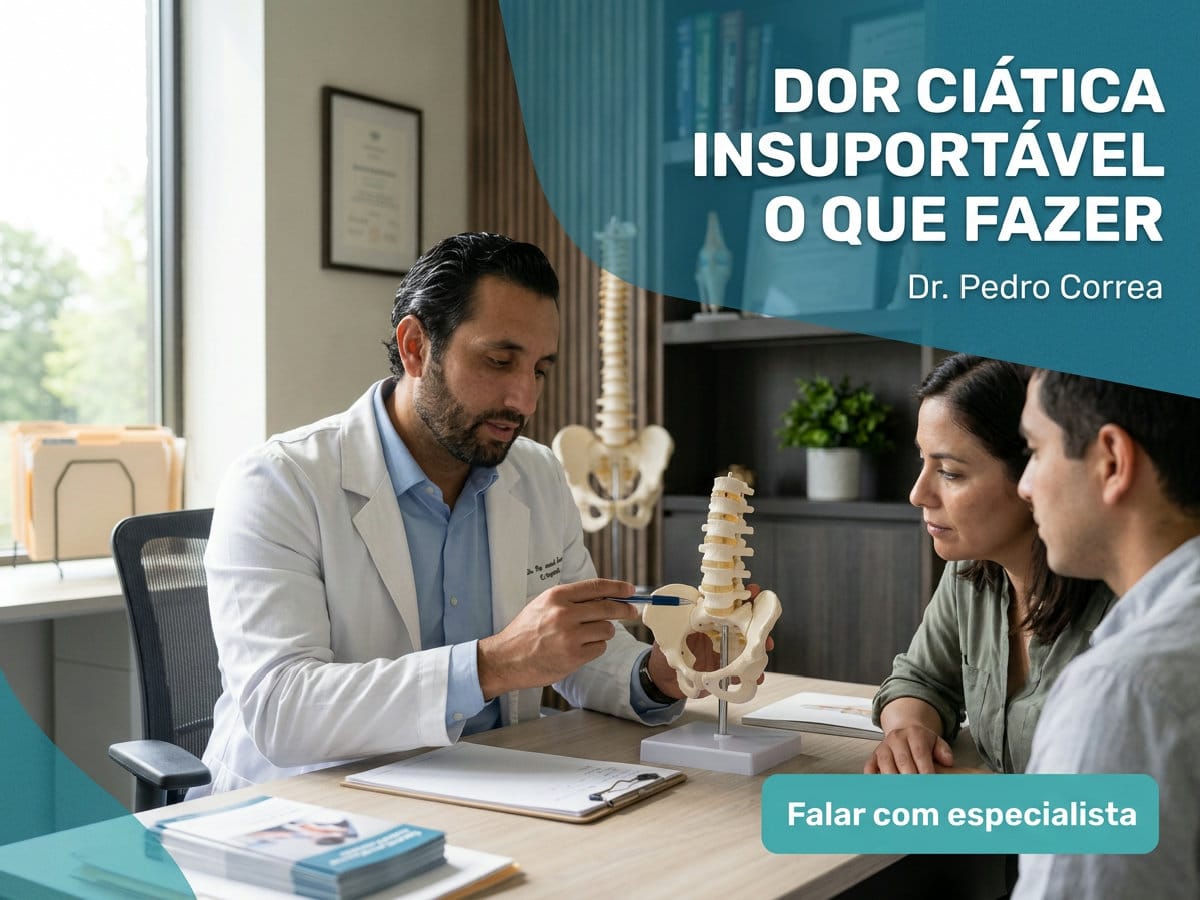 Dor Ciática Insuportável: o que Fazer? | Dr. Pedro Correa 4 Ortopedista de coluna avaliando exame de ressonância com paciente e acompanhante — dor ciática insuportável o que fazer