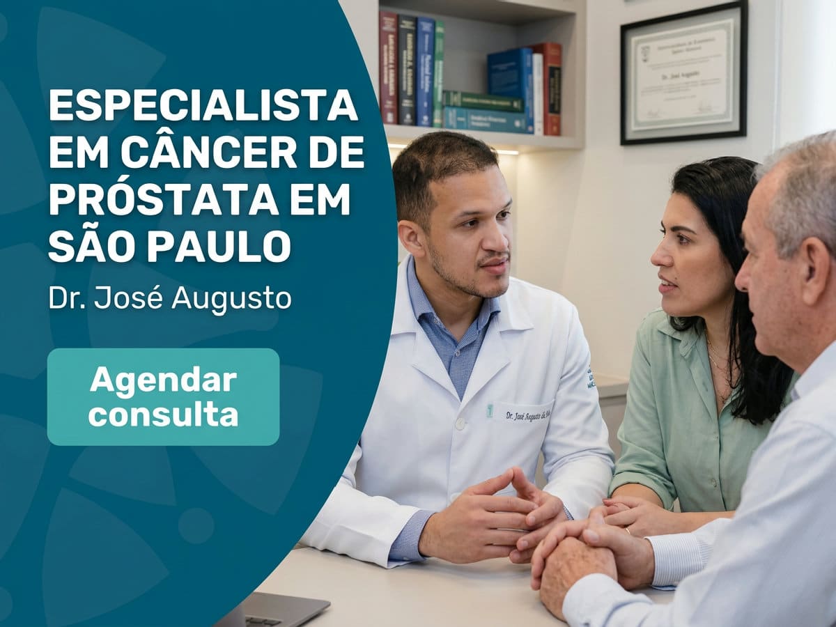 Especialista em câncer de próstata em São Paulo 4 Urologist revisando exame de imagem d próstat com paciente e familiar — Especialist em câncer de próstat em São Paulo