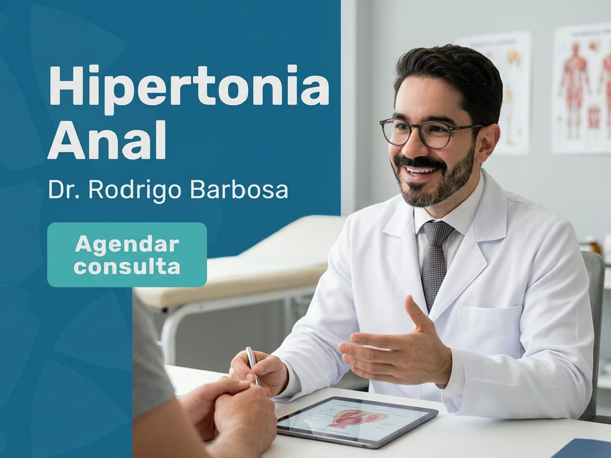 Hipertonia Anal: Como Tratar | Dr. Rodrigo Barbosa 4 Cirurgião coloproctologista durante consulta de avaliação proctológica com paciente — hipertonia anal