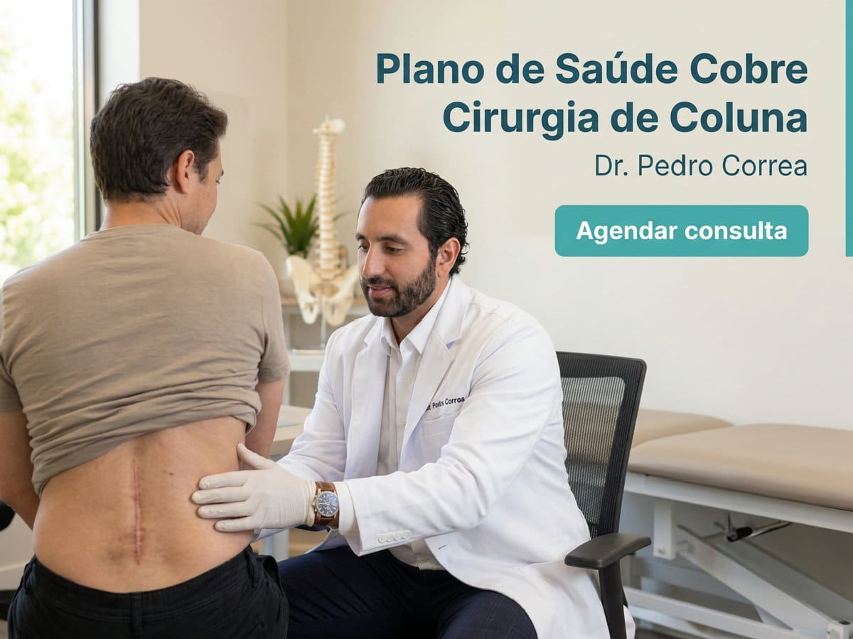 Plano de saúde cobre cirurgia de coluna? | Dr. Pedro 4 Ortopedista analisando ressonância da coluna com paciente no consultório — plano de saúde cobre cirurgia de coluna