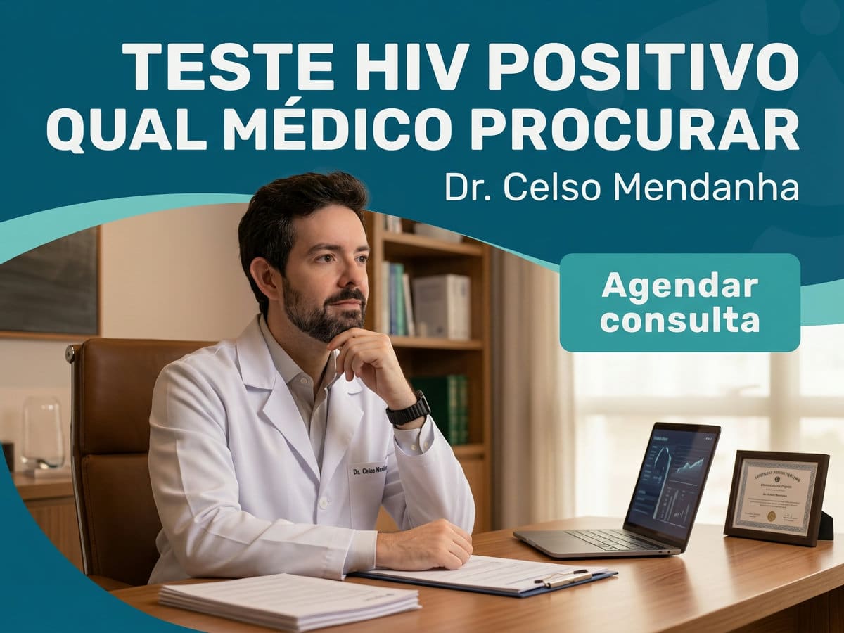 Teste HIV positivo: qual médico procurar? | Dr. Celso 4 Infectologista analisa exames laboratoriais ao lado do paciente em consultório — teste HIV positivo qual médico procurar