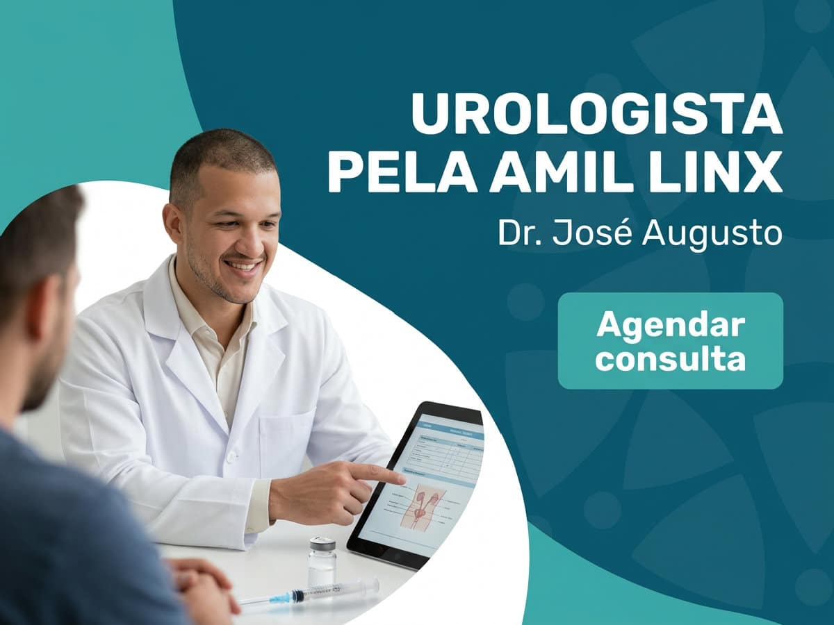Urologista pela Amil Linx | Dr. José Augusto | São Paulo 4 Urologista analisando exame de imagem com paciente em consultório — Urologista pela Amil Linx