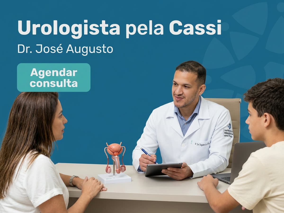 Urologista pela Cassi | Dr. José Augusto | São Paulo 4 Urologista conversa com paciente e acompanhante durante consulta em consultório — Urologista pela Cassi