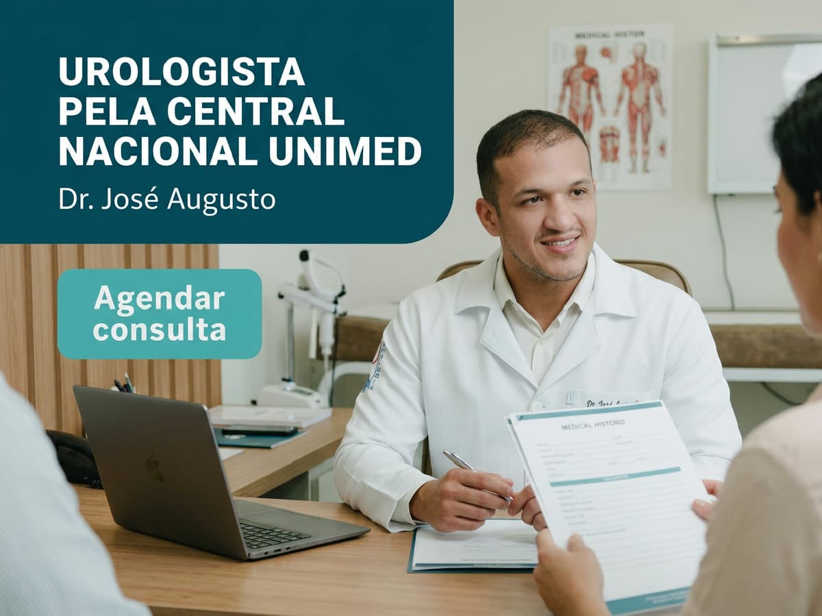 Dr. José Augusto: Urologista pela Central Nacional Unimed 4 Urologista conversando com paciente durante avalição em consultório — urologista pela central nacional unimed