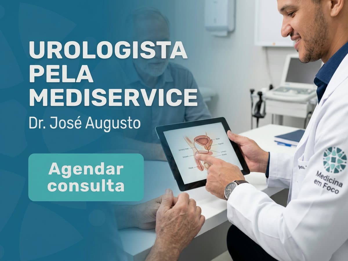 Urologista pela Mediservice | Dr. José Augusto | São Paulo 4 Urologista analisando exame de imagem com paciente durante consulta — Urologista pela Mediservice