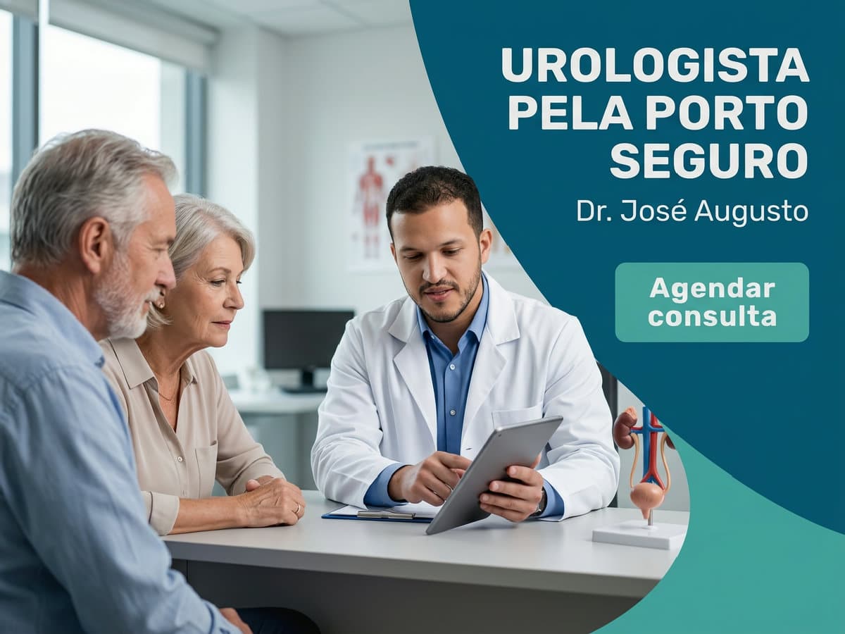 Urologista pela Porto Seguro | Dr. José Augusto | São Paulo 4 Urologista convers com paciente e acompanhante durante avalição em consultório — Urologista pela Porto Seguro