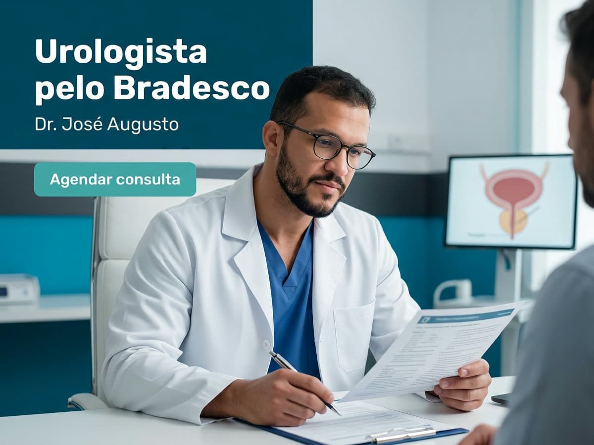 Urologista pelo Bradesco | Dr. José Augusto | São Paulo 4 Urologista analisando exames com o paciente durante consulta no consultório — Urologista pelo Bradesco