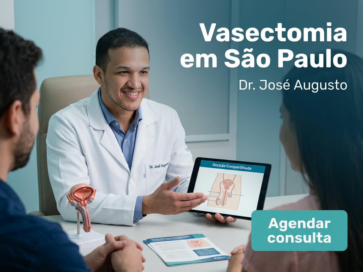 Vasectomia em São Paulo | Dr. José Augusto 4 Urologista orientando casal durante consulta pré-operatória no consultório — Vasectomia em São Paulo