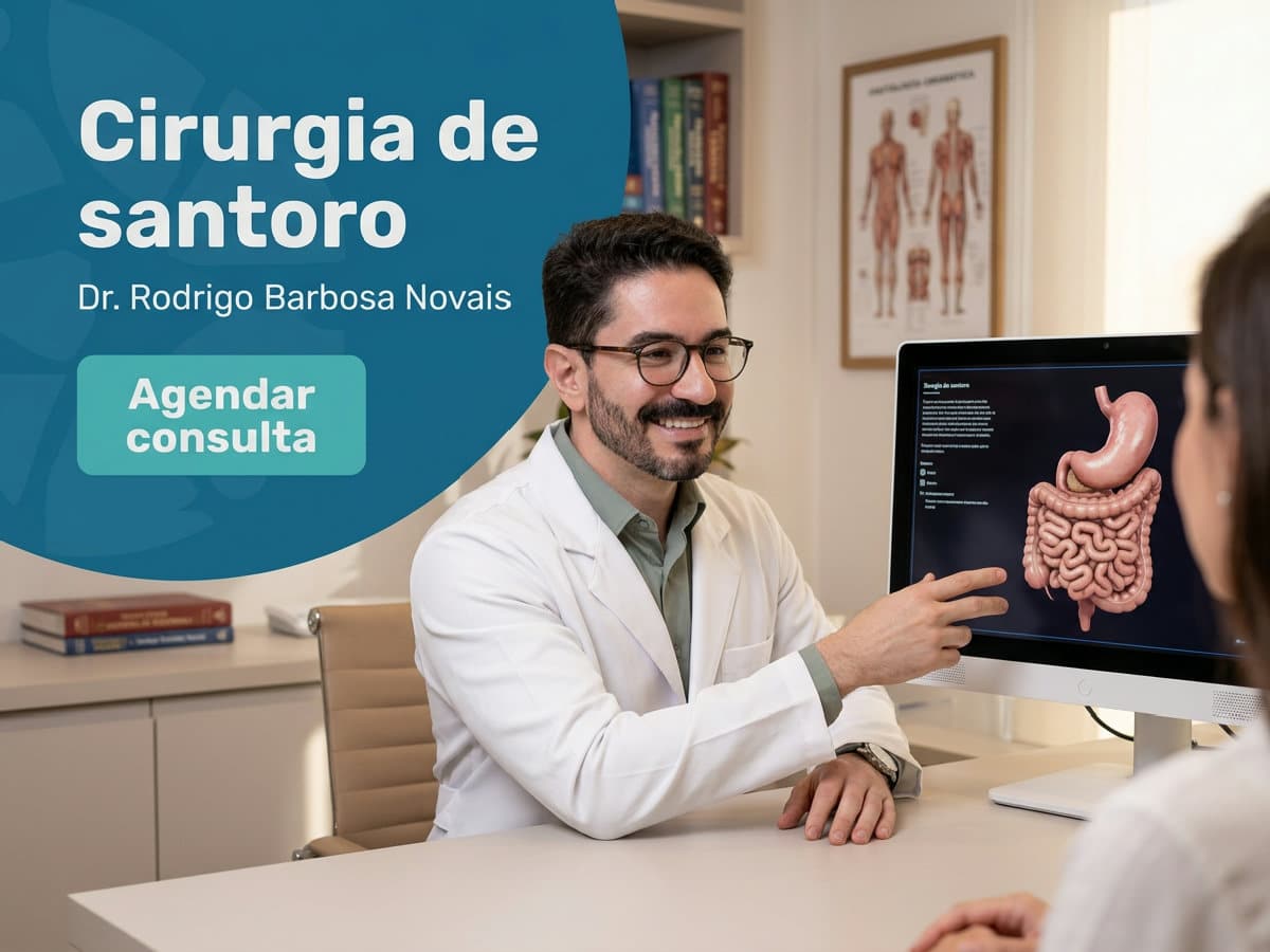 Cirurgia de Santoro: técnica desenvolvida por um Brasileiro 4 Cirurgião revisando exames metabólicos com paciente em consultório.