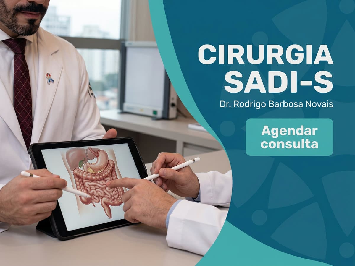 Cirurgia SADI-S: guia completo da técnica bariátrica 4 Cirurgião bariátrico revisando exames metabólicos com paciente em consultório