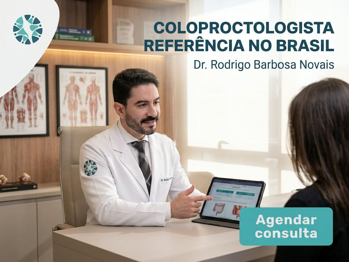 Como escolher um Coloproctologista referência no Brasil? 4 Cirurgião revisando exame proctológico com paciente em consultório.