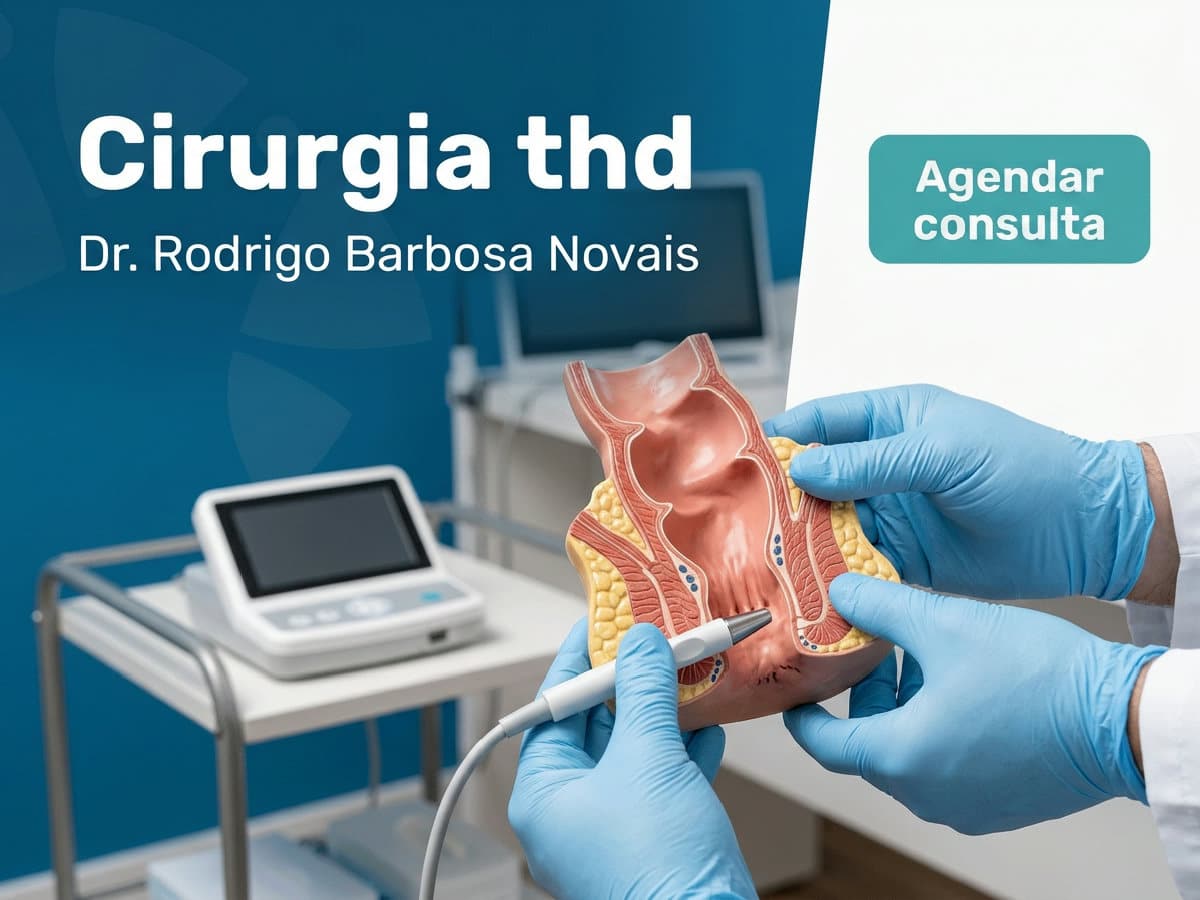 Técnica THD: Novo Tratamento para Hemorroidas sem Cortes 4 Cirurgião revisando exame proctológico com o paciente em consultório.